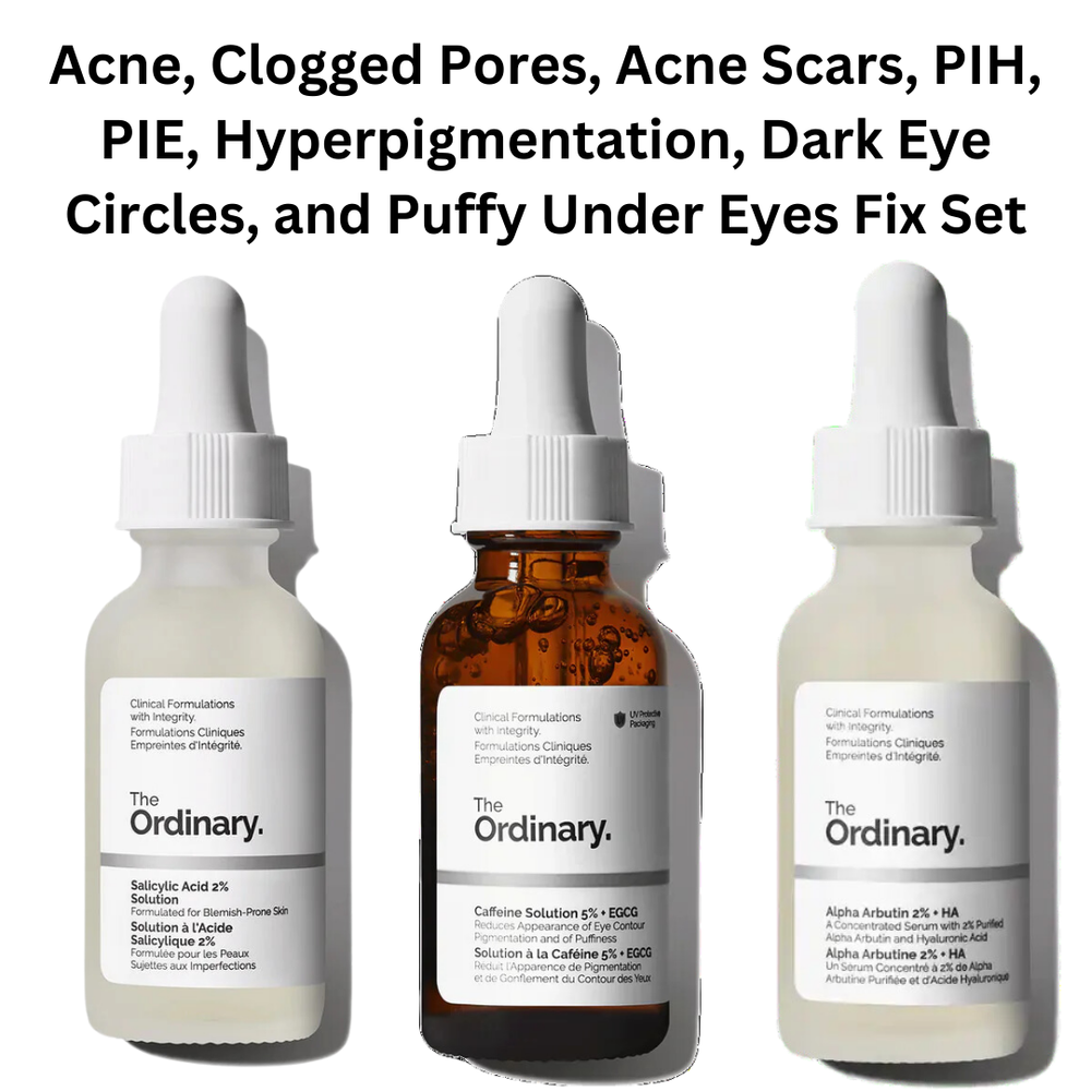 Acne, Clogged Pores, Acne Scars, PIH, PIE, Hyperpigmentation, Dark Eye Circles, and Puffy Under Eyes Fix Set by The Ordinary